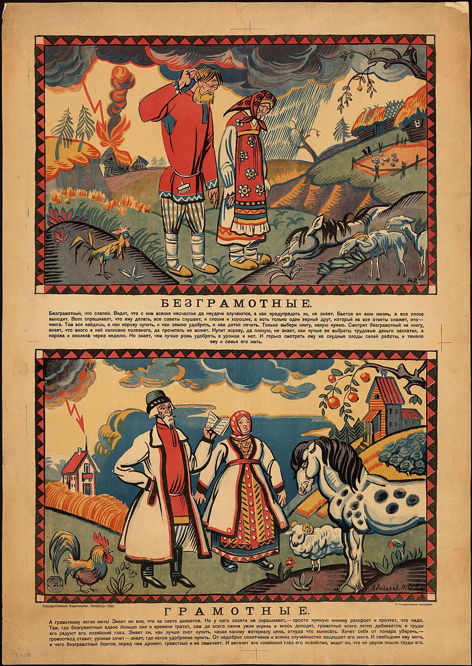 Two-panel Russian poster contrasting the household of an illiterate peasant couple with that of a literate couple