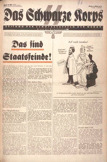 Front page of Das Schwarze Korps, 4 March 1937, with the headline "Das sind Staatsfeinde!" and a cartoon captioned "Auf nach London!"