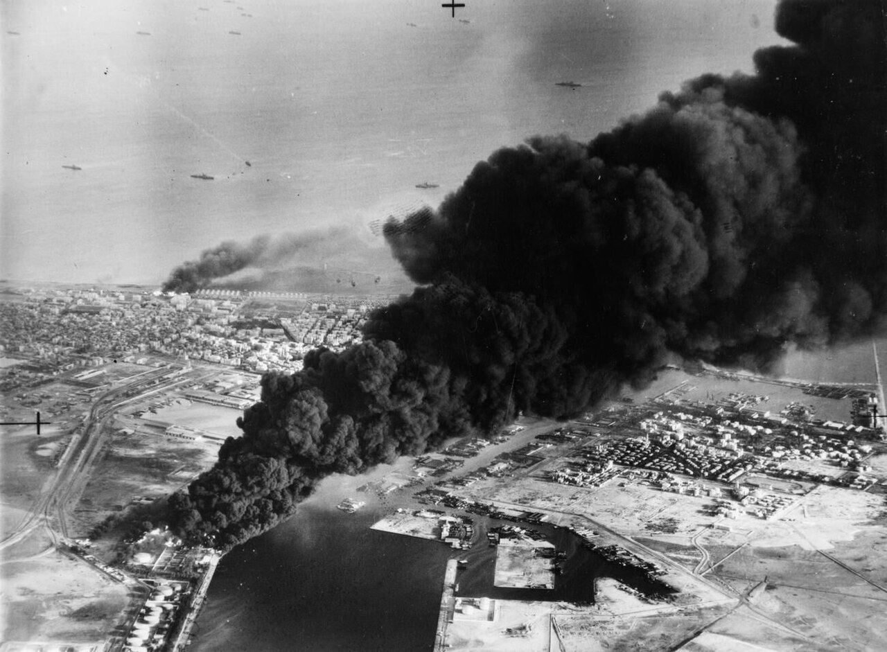 Oil storage tanks burning at Port Said, 5 November 1956