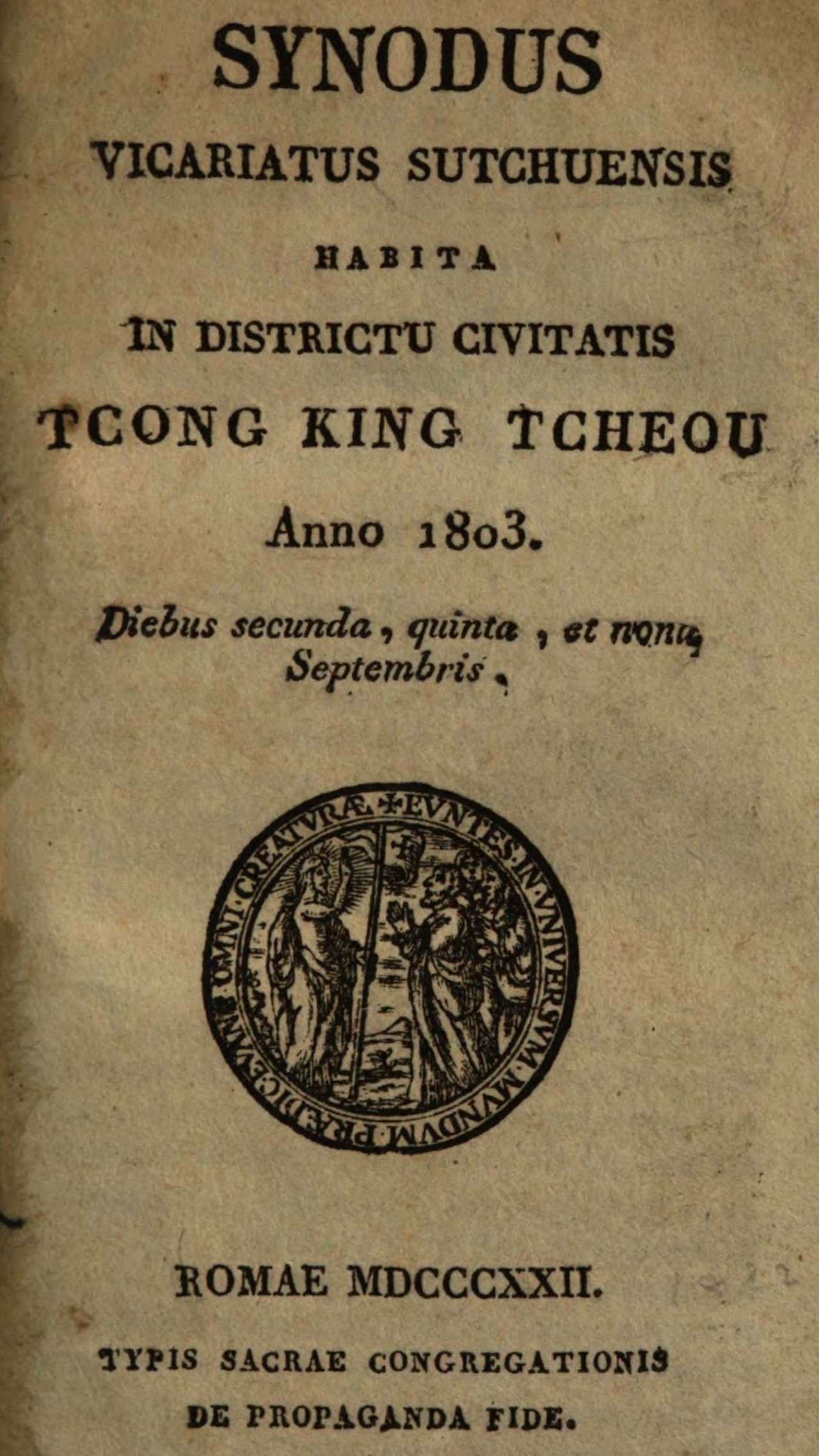 Title page reading Synodus Vicariatus Sutchuensis, Anno 1803, Romae 1822, Typis Sacrae Congregationis de Propaganda Fide, with a round seal of Christ sending out an apostle