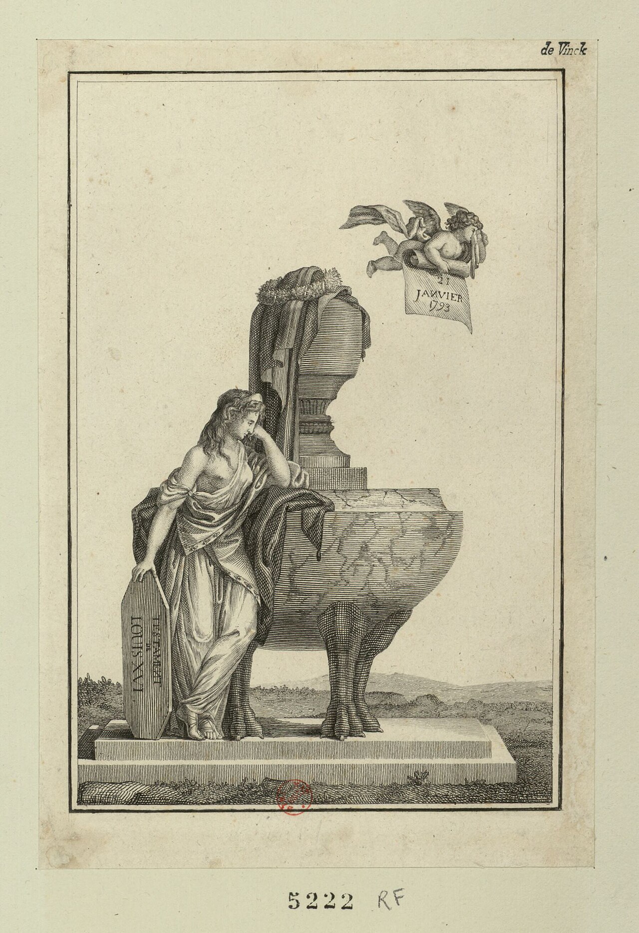 Royalist print, 1793: a mourning woman leans on a draped funeral urn beside a tablet inscribed "Testament de Louis XVI"; a weeping cherub carries a scroll dated 21 janvier 1793