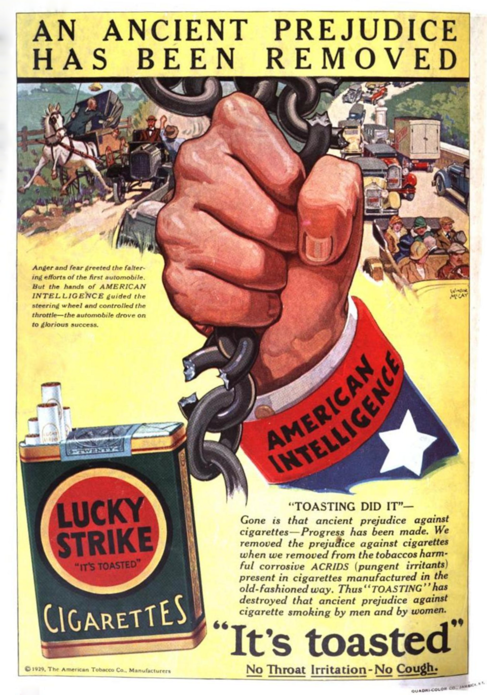 Lucky Strike advertisement, December 1929: a fist labelled American Intelligence breaks a chain under the headline An Ancient Prejudice Has Been Removed