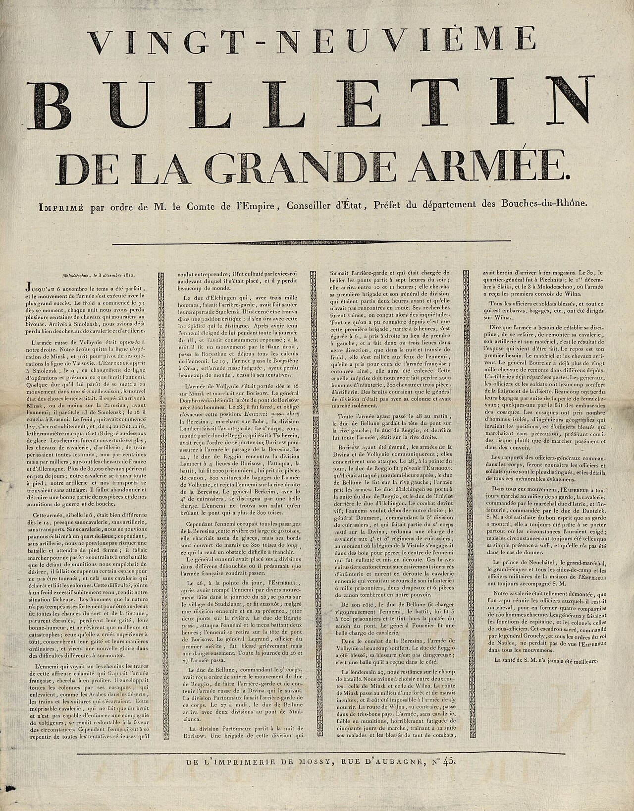 Printed poster of the 29th Bulletin de la Grande Armée, Molodechno, 3 December 1812, printed by order of the prefect of the Bouches-du-Rhône