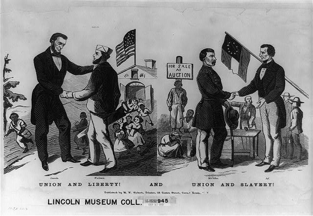 Two-panel lithograph: at left, Lincoln shakes hands with a workman in a paper cap, before a schoolhouse flying the U.S. flag; at right, McClellan shakes hands with Jefferson Davis beside a "For sale at auction" sign and enslaved people