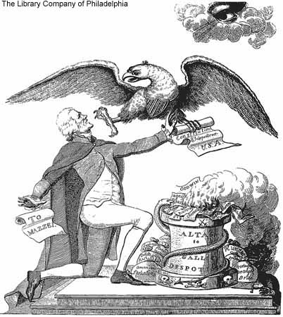 Etching: a kneeling man in a long coat drops a paper marked "To Mazzei" while an eagle takes a scroll marked "Constitution and Independence" from his hand, above an altar labeled "Altar to Gallic Despotism" with books and papers burning on it; an eye looks down from clouds