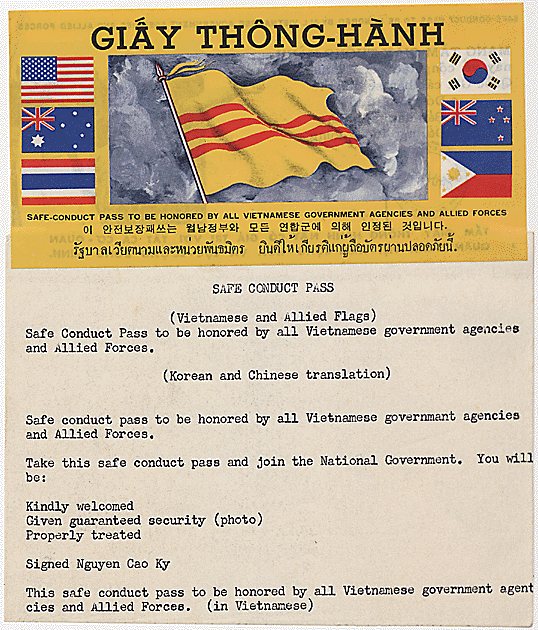 Seven-flag safe-conduct pass with typed U.S. Army translation