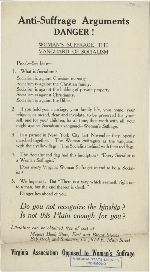 Virginia Association Opposed to Woman's Suffrage broadside headed "DANGER! Woman's Suffrage the Vanguard of Socialism"