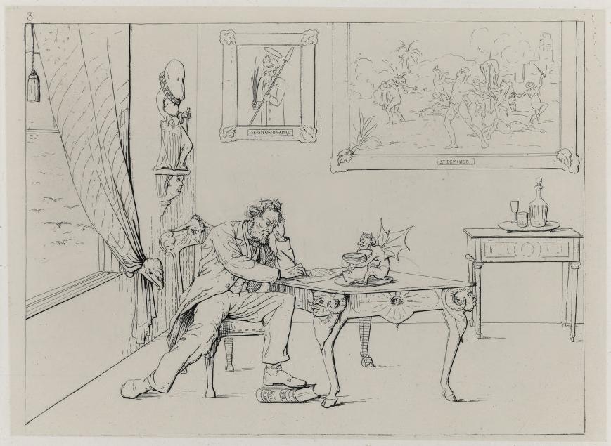 Etching: Lincoln sits writing, one foot on a book; a winged devil on the table holds the inkwell; on the wall hang a portrait of a haloed man with a pike labelled "St. Ossawotamie" and a painting labelled "St. Domingo" of figures killing others; the table legs end in hooves