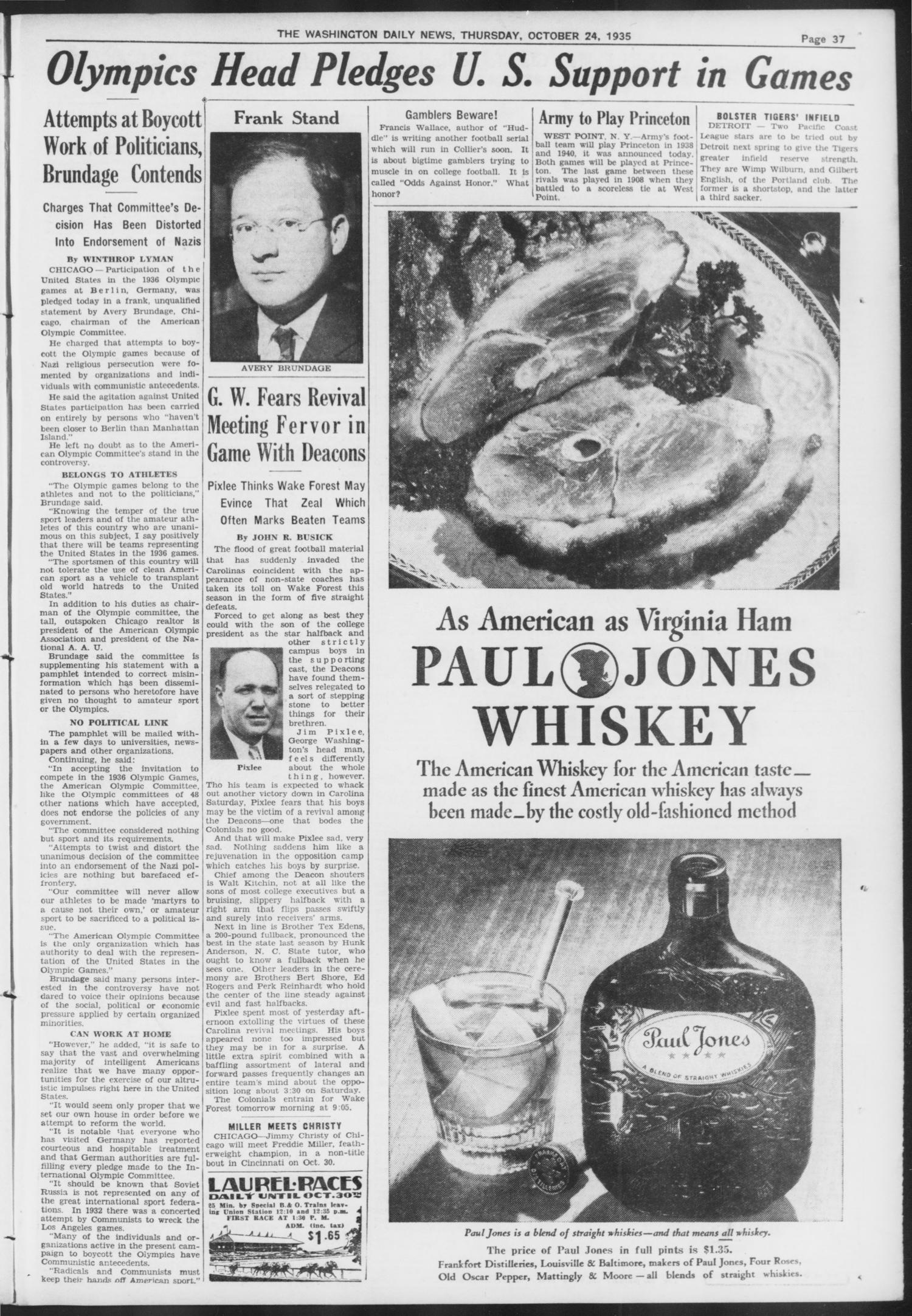 Washington Daily News page 37, 24 October 1935, headline Olympics Head Pledges U.S. Support in Games, with Brundage's statement