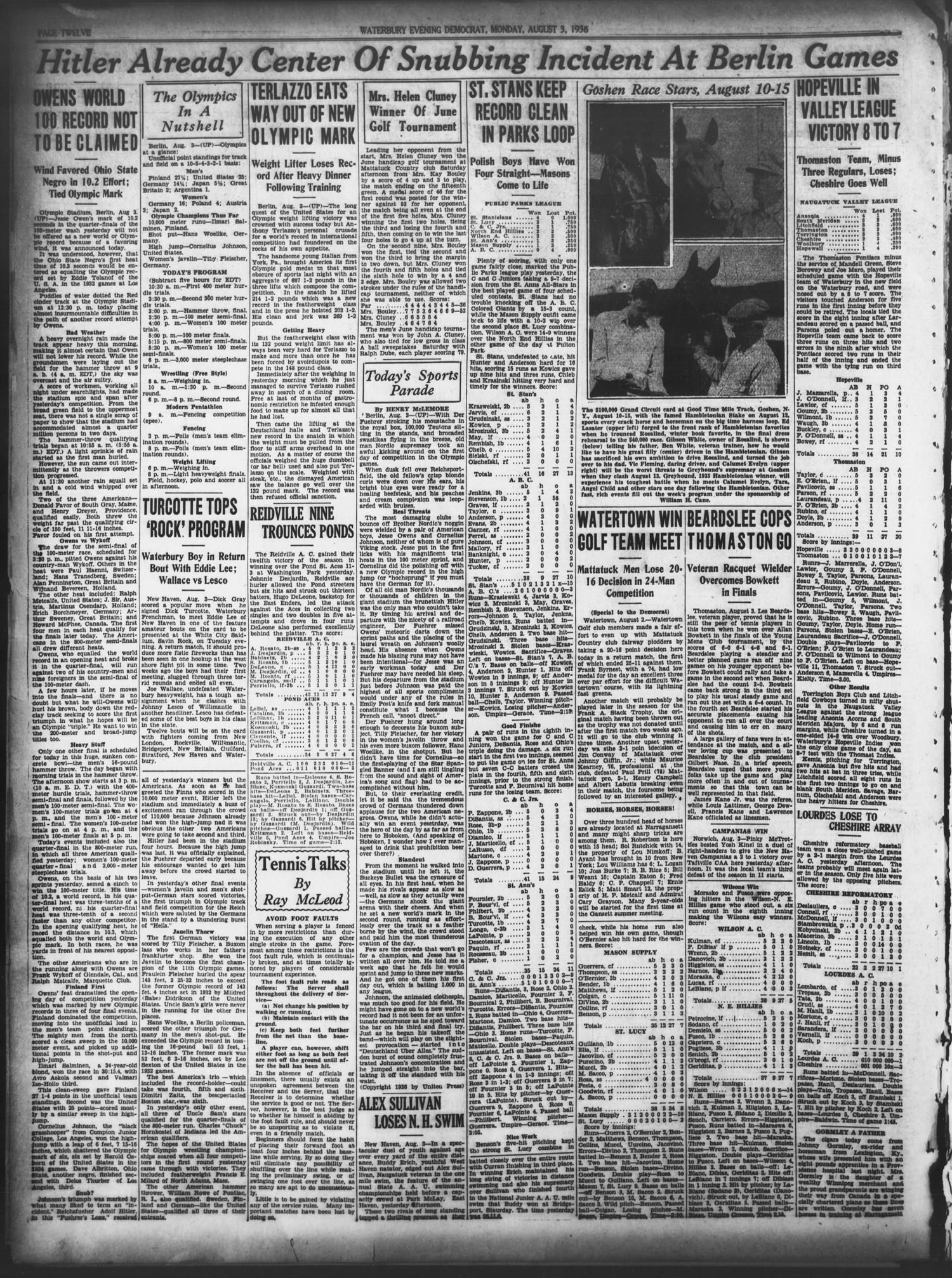Waterbury Evening Democrat front-page headline: America is leading Olympics, with a second headline reading Hitler already centre of snubbing incident at Berlin games