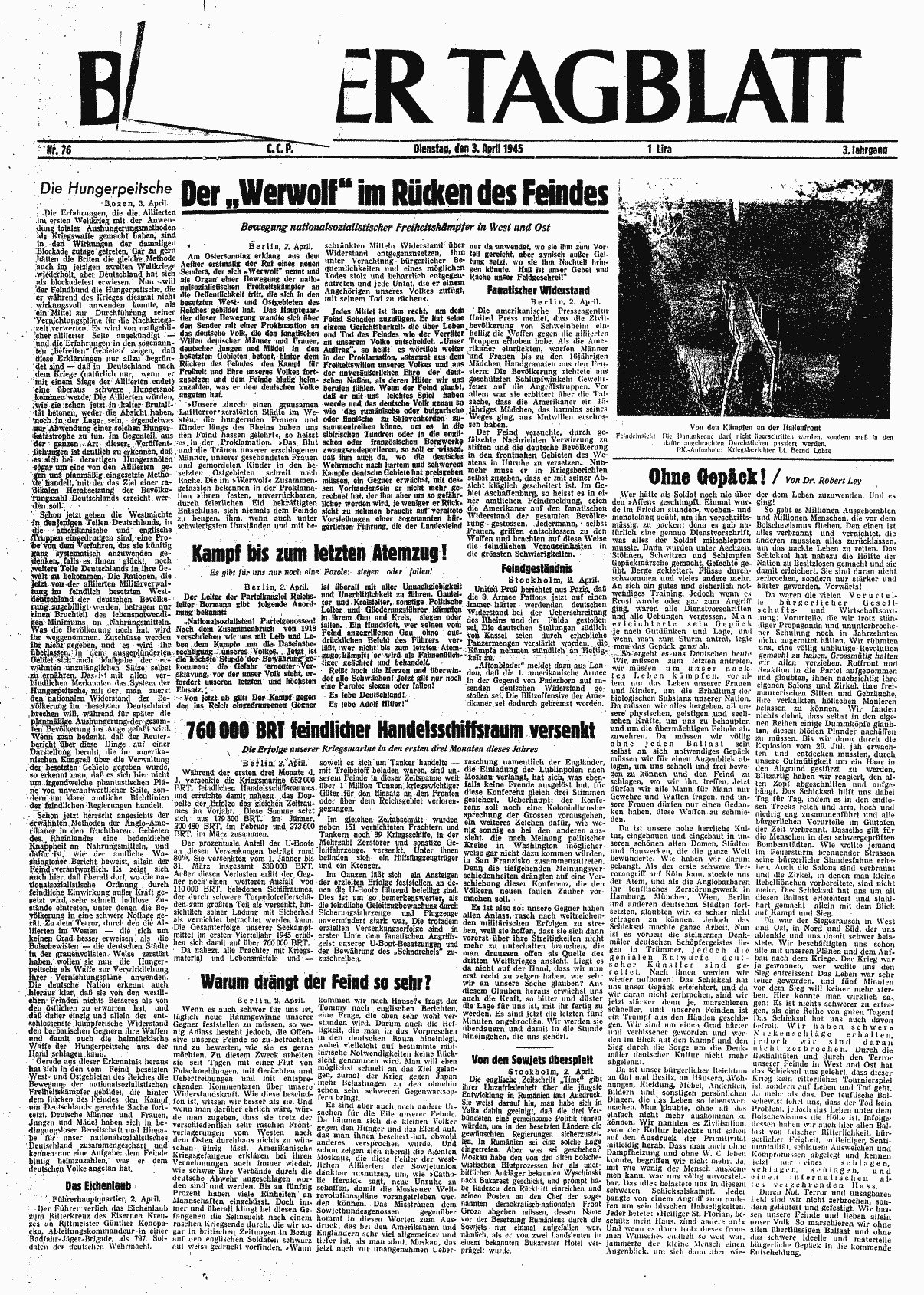 Bozner Tagblatt, 3 April 1945