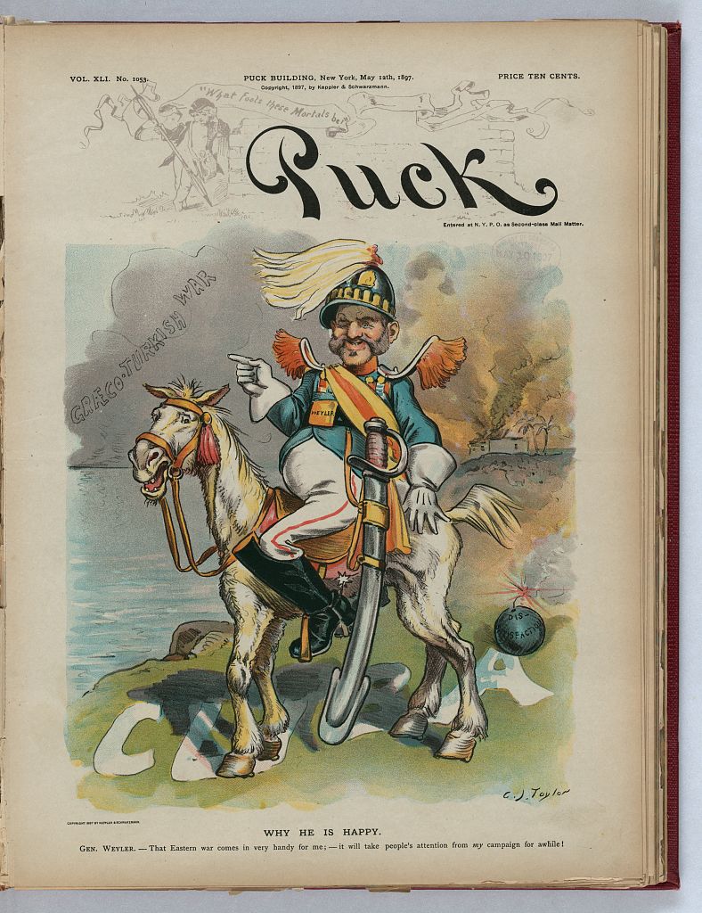 Puck cover: General Weyler on a white horse, grinning and pointing at smoke labelled Graeco-Turkish War, a house burning behind him