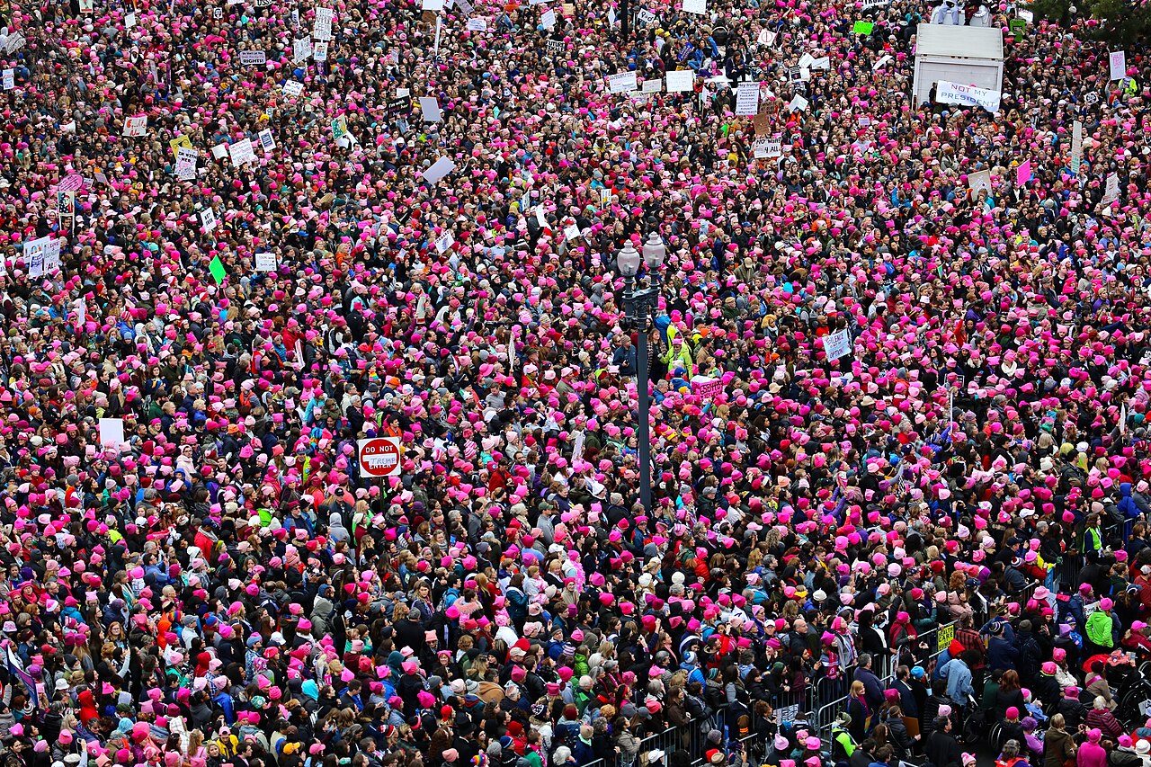Aerial view of the Women's March in Washington, a crowd filled with pink knitted hats