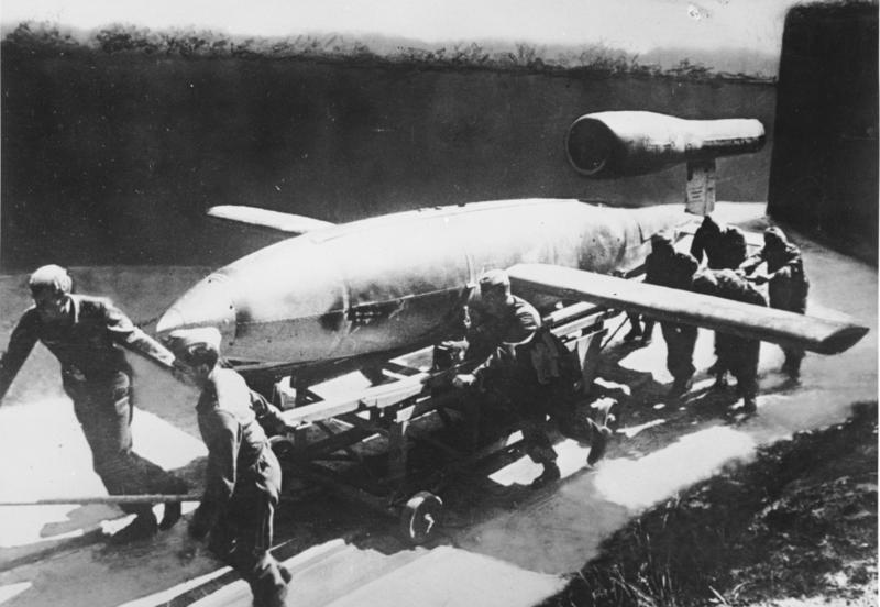 A V-1 flying bomb (Fieseler Fi 103) being moved to its launch position