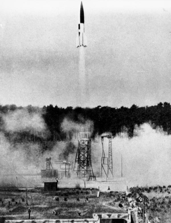 A V-2 rocket four seconds after launch from Test Stand VII, Peenemünde, 21 June 1943
