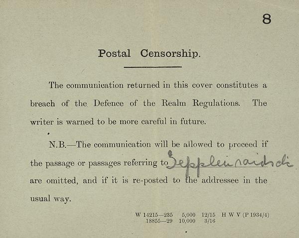 A printed Postal Censorship form of 1916 stating that the returned letter breaches the Defence of the Realm Regulations and may proceed if the passages about Zeppelin raids, handwritten on the form, are omitted