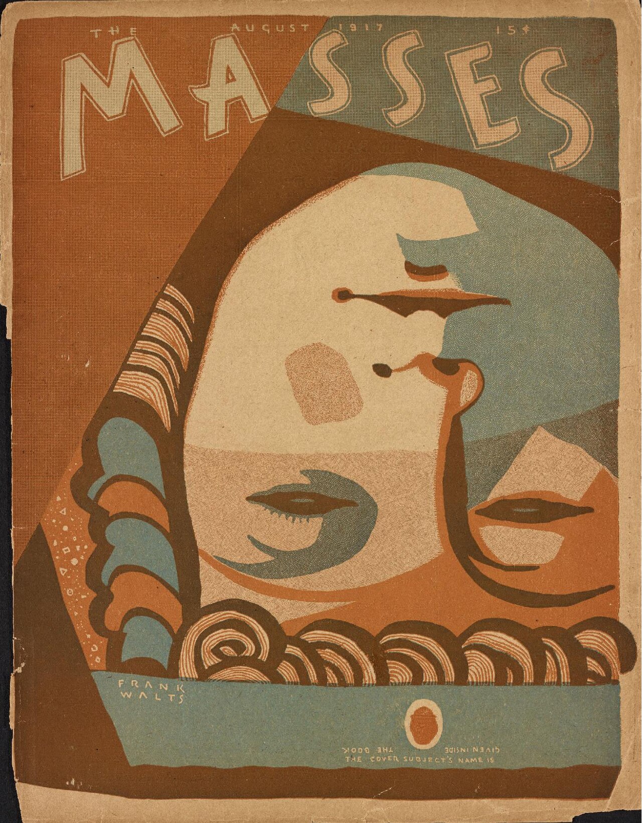 Cover of The Masses, August 1917, by Frank Walts: a stylised face in brown, blue and cream under the magazine's title
