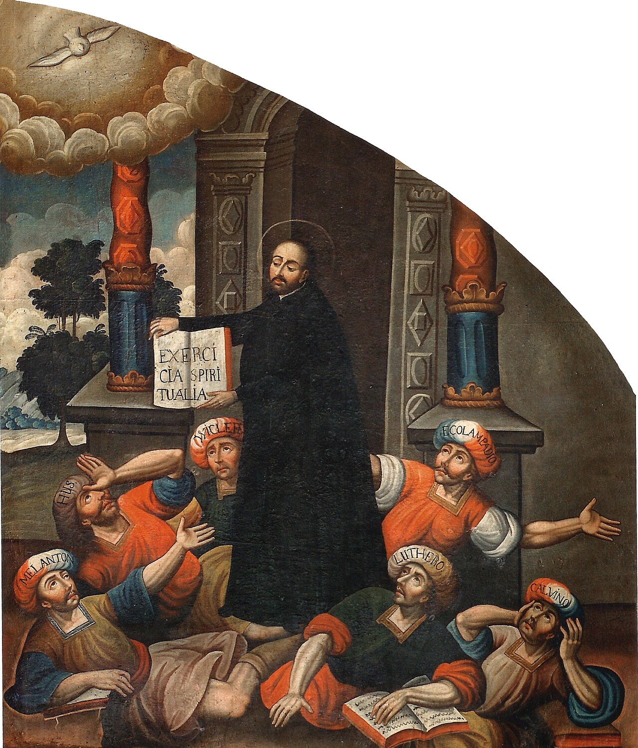 Painting: Saint Ignatius of Loyola, holding a book lettered "Exercitia Spiritualia", stands under the dove of the Holy Spirit over fallen men in turbans labelled Luthero, Calvino, Melanton, Hus, Wiclefo and Ecolampadio