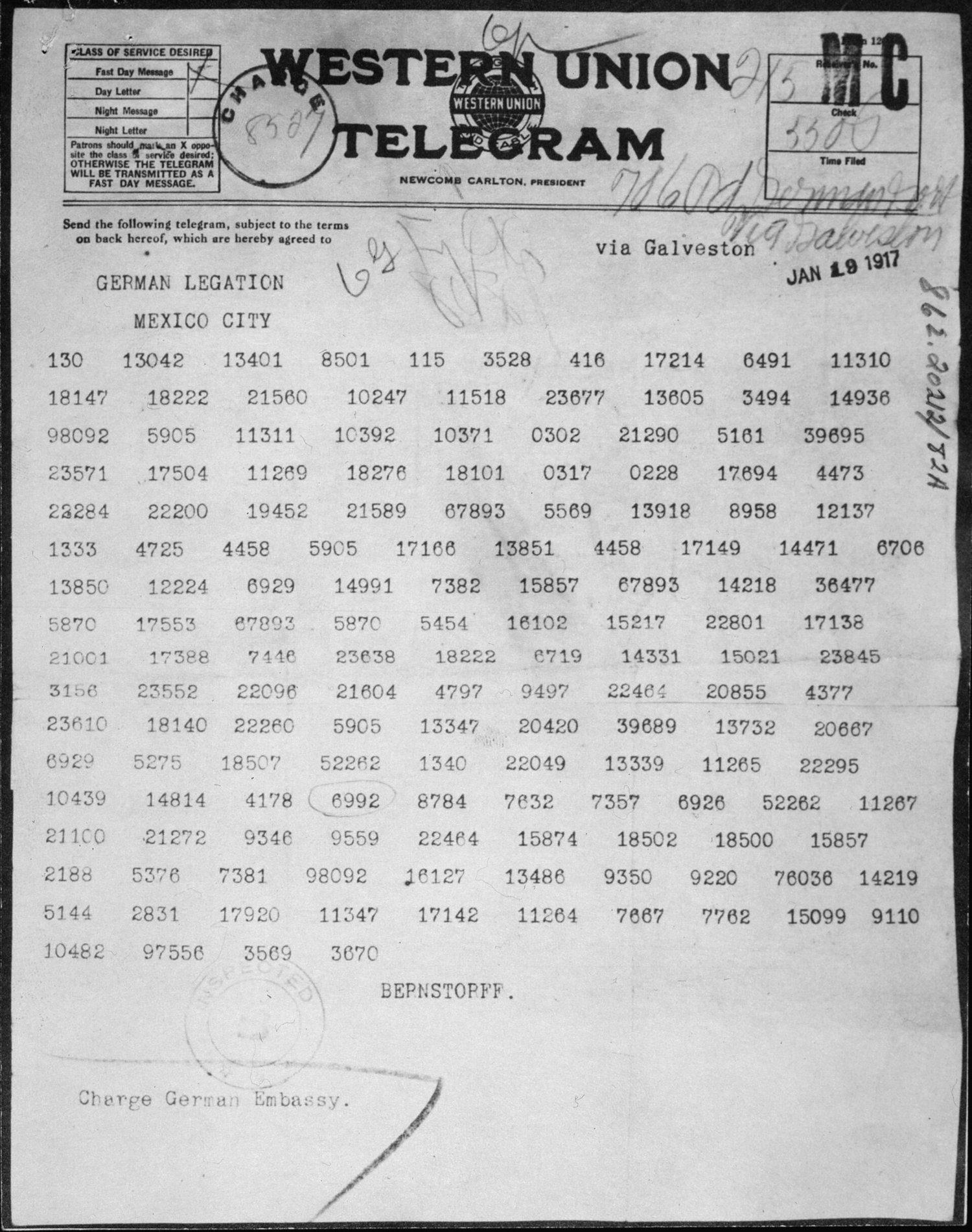 Photograph of the decoded Zimmermann telegram as received by the German ambassador in Mexico, a typed page of block text