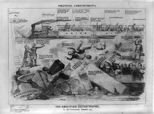 Bromley lithograph of two trains, one running smoothly and one wrecked