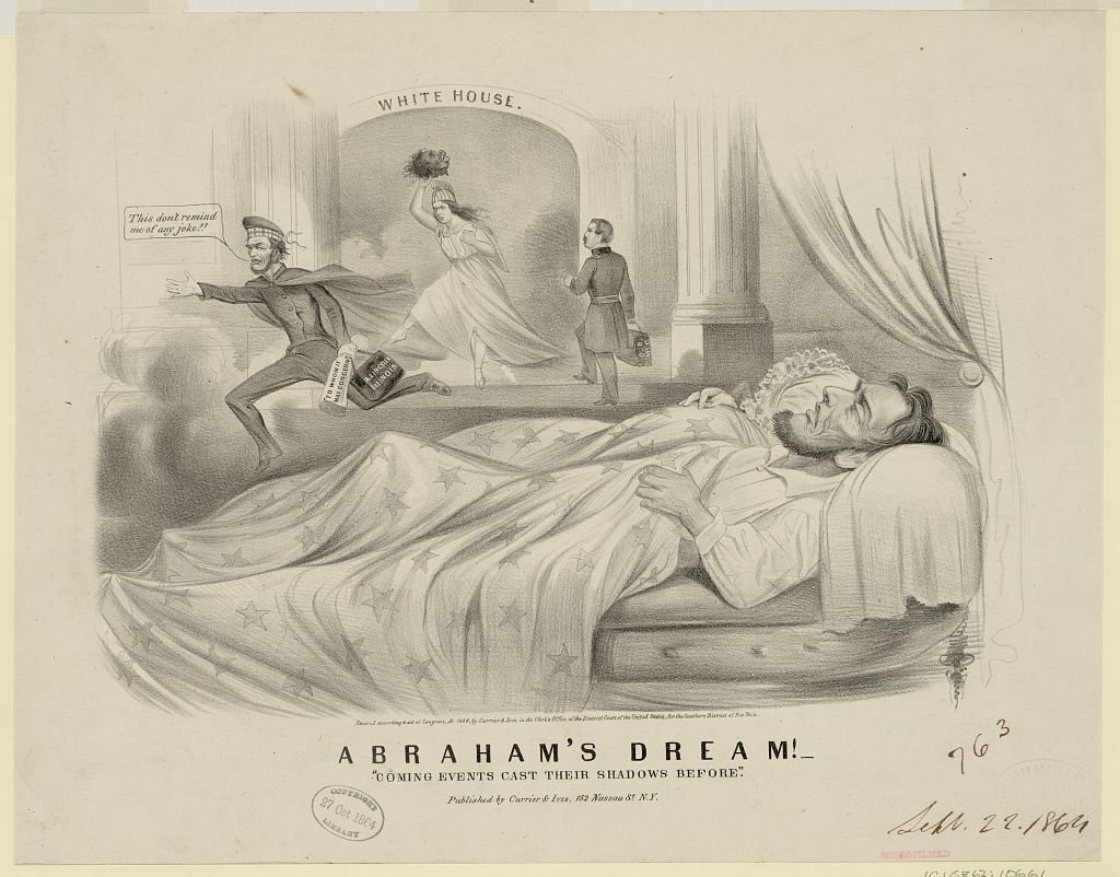 Currier & Ives print of Lincoln asleep in a bed under a star-spangled sheet
