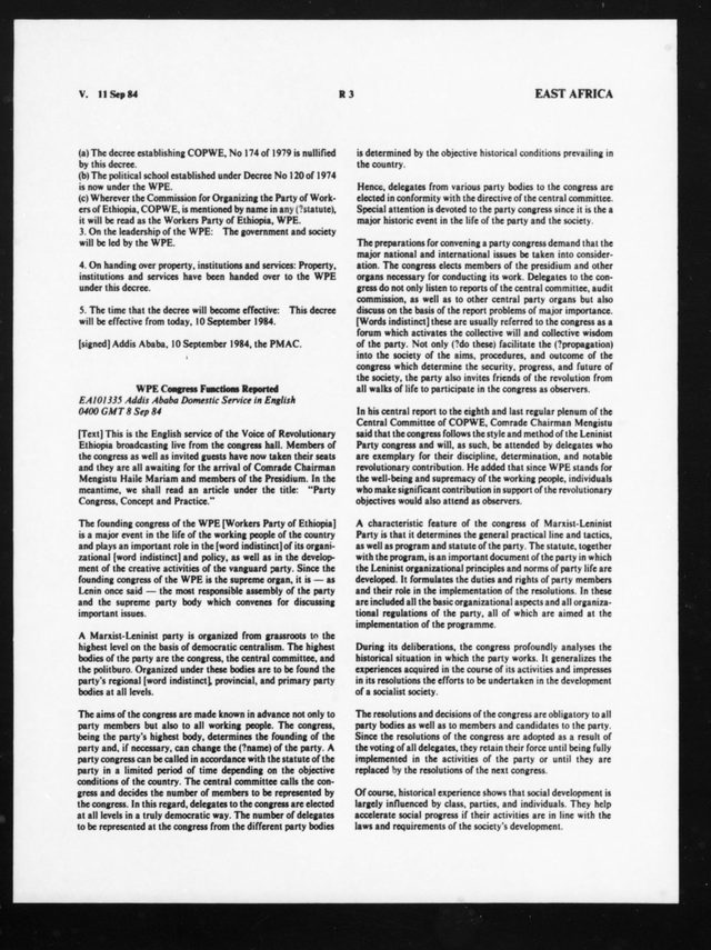 FBIS Daily Report: Addis Ababa Domestic Service on the founding congress of the Workers Party of Ethiopia and the decree dissolving COPWE