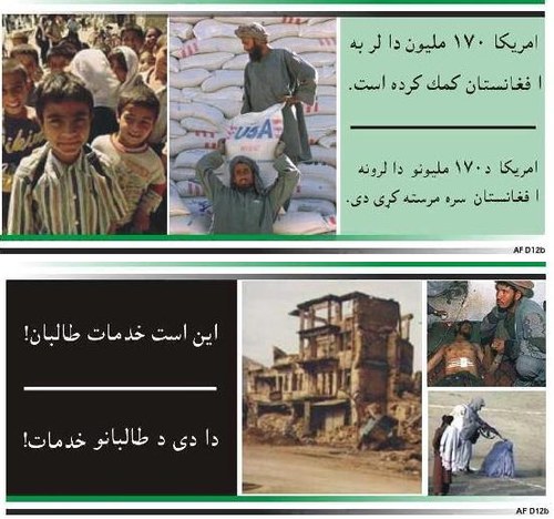 Coalition leaflet: America has provided over $170 million in aid, against "This is what the Taliban has done!"