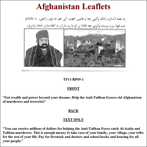Coalition leaflet: reward for helping the Anti-Taliban Forces