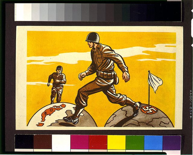 U.S. soldier steps from defeated Germany to Japan (PWB propaganda sheet)