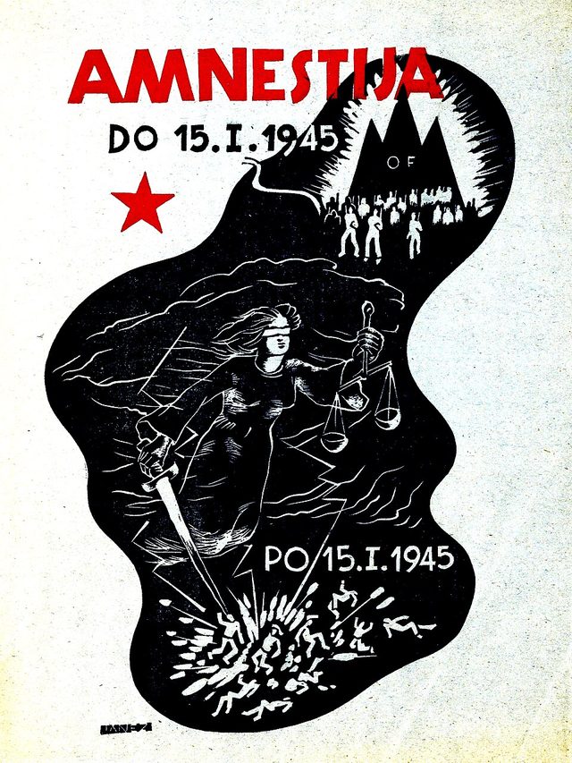 "Amnestija do 15. I. 1945 / Po 15. I. 1945" (Amnesty until 15 January 1945 / After 15 January 1945), Slovene Partisan leaflet