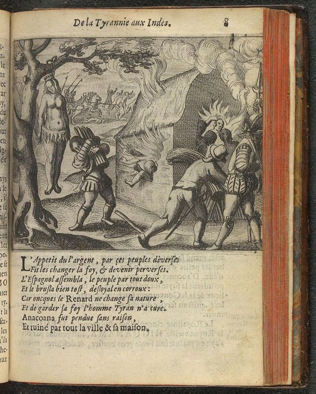 Anacoana fut pendue sans raison (engraving in Le miroir de la cruelle et horrible tyrannie espagnole)
