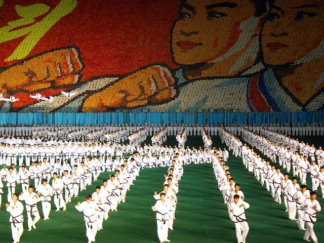Arirang Mass Games: card-mosaic backdrop, Rungnado May Day Stadium (photographed 2008)