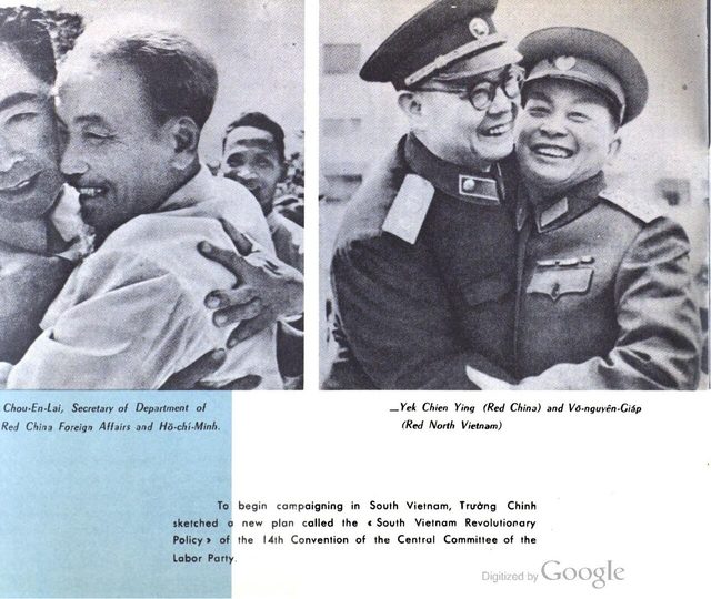 The Republic of Vietnam Armed Forces, Volume 5 (August 1963), page 7: photographs of Chou En-lai with Ho Chi Minh and of Yeh Chien-ying with Vo Nguyen Giap