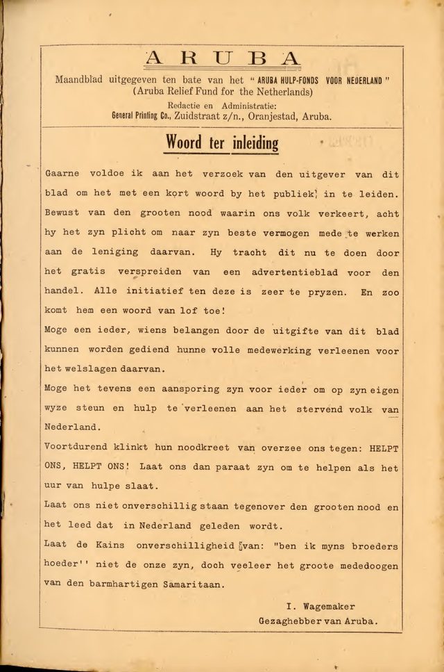 Aruba (Maandblad), monthly, no. 1, foreword page (Oranjestad, March 1945)