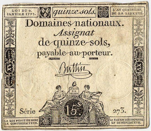 Assignat of fifteen sols, law of 4 January 1792