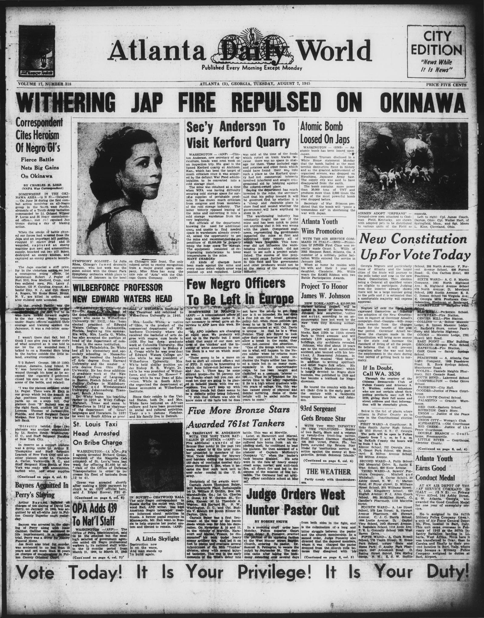 Atlanta Daily World front page, 7 August 1945, banner WITHERING JAP FIRE REPULSED ON OKINAWA