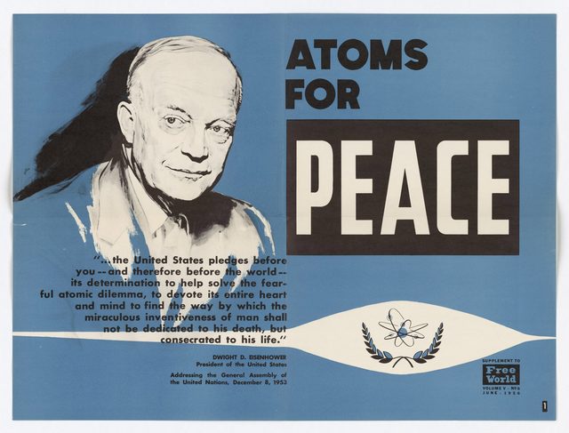 Atoms for Peace poster, page 1: Eisenhower pledge (English-text poster, distribution post not stated)