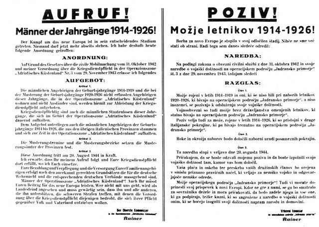 Aufruf! / Poziv! Männer der Jahrgänge 1914-1926 (call-up in the Adriatic Littoral)