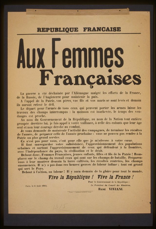 Aux Femmes Françaises (To French Women) — government appeal, 6 August 1914