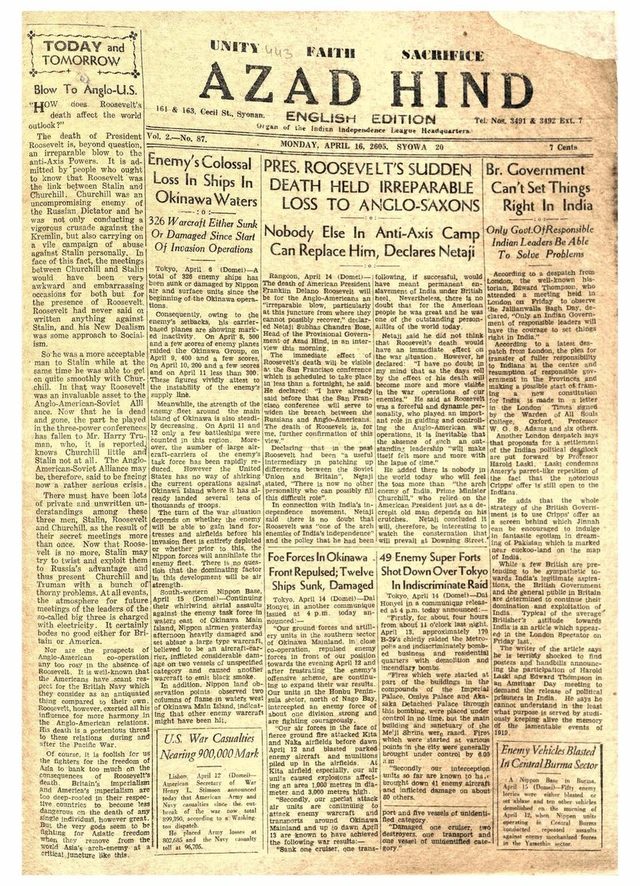 Azad Hind, English edition, front page (Syonan/Singapore, 16 April 1945)