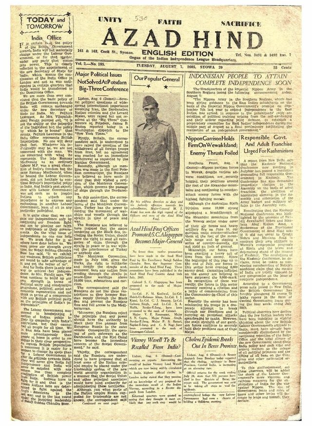 Azad Hind, English edition, front page (Syonan/Singapore, 7 August 1945)