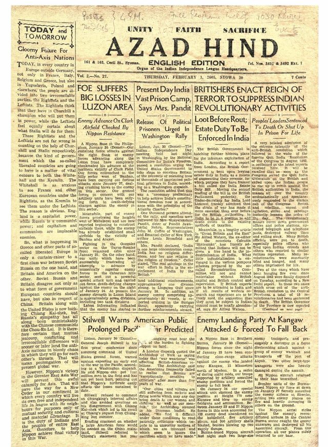 Azad Hind, English edition, front page (Syonan/Singapore, 1 February 1945)