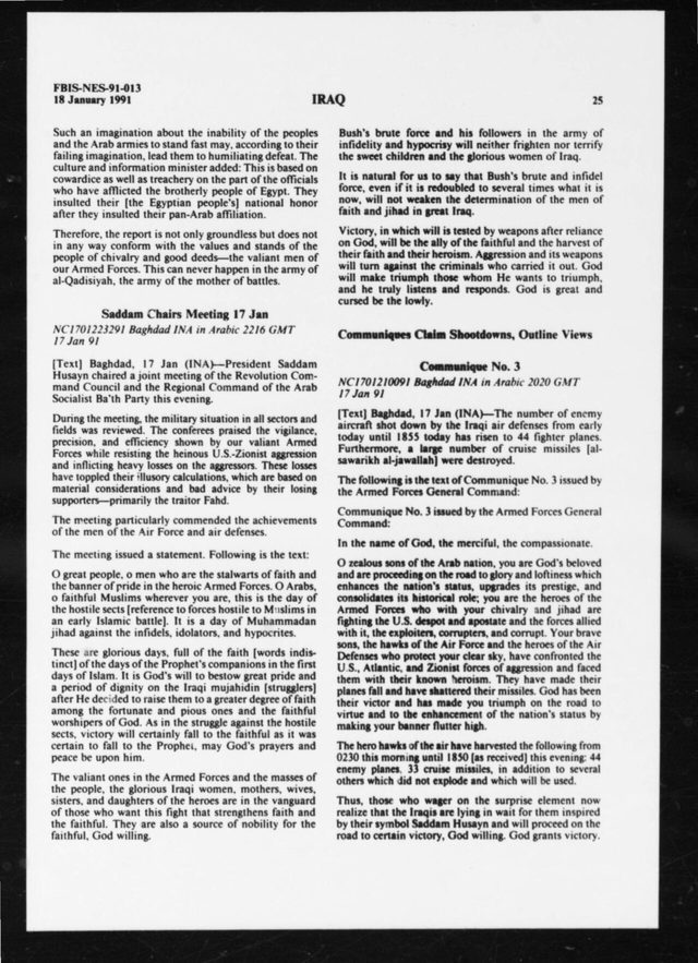 Baghdad communique and RCC-Ba'th statement, 17 January 1991 (FBIS translation)