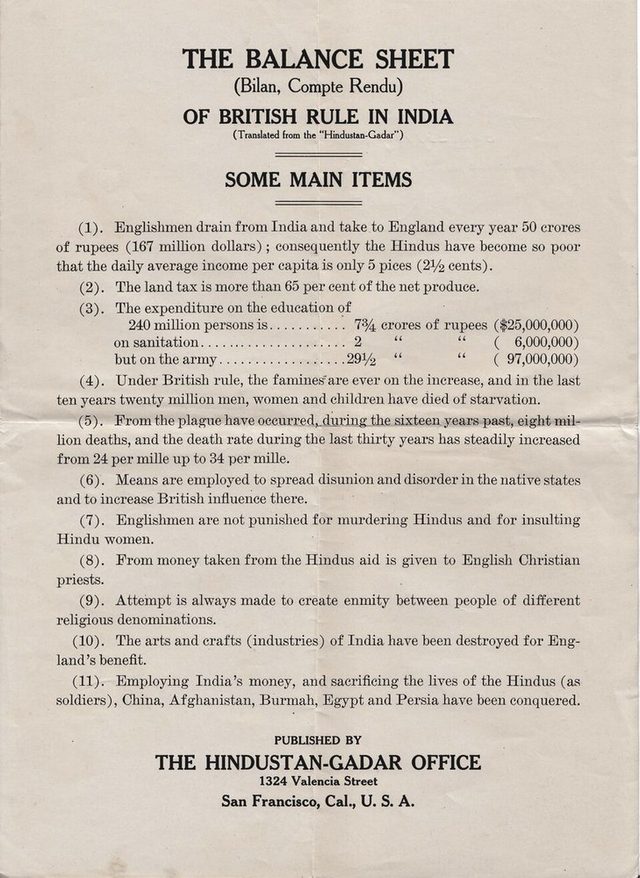 The Balance Sheet of British Rule in India (Hindustan-Gadar broadside)