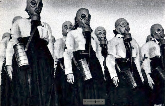 Youth members in gas masks, 'L'Opera Nazionale Balilla', Almanacco enciclopedico del Popolo d'Italia (Italy, 1935)