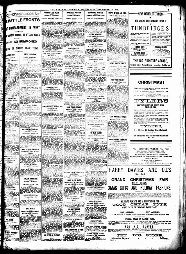 The Ballarat Courier, page 3, 13 December 1916: 'Huns' Slave Raids' and 'Huns Impose Heavy Levies'