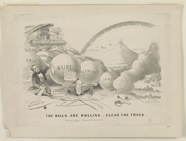"The Balls Are Rolling - Clear the Track" (Currier, 1856)