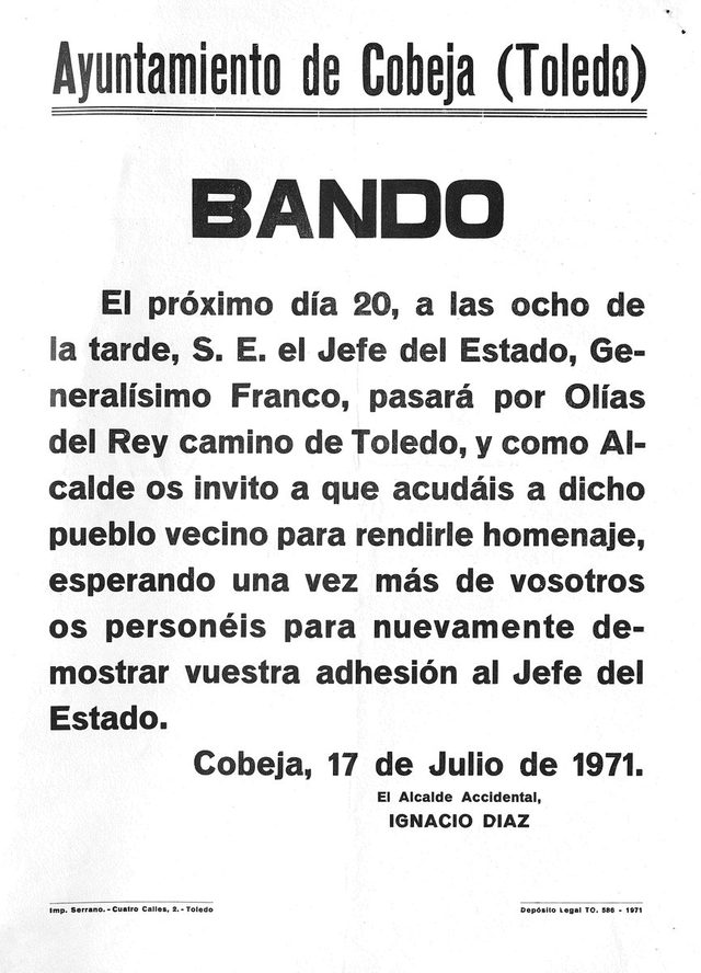 Bando del Ayuntamiento de Cobeja: S.E. el Jefe del Estado, Generalísimo Franco, pasará por Olías del Rey (1971)