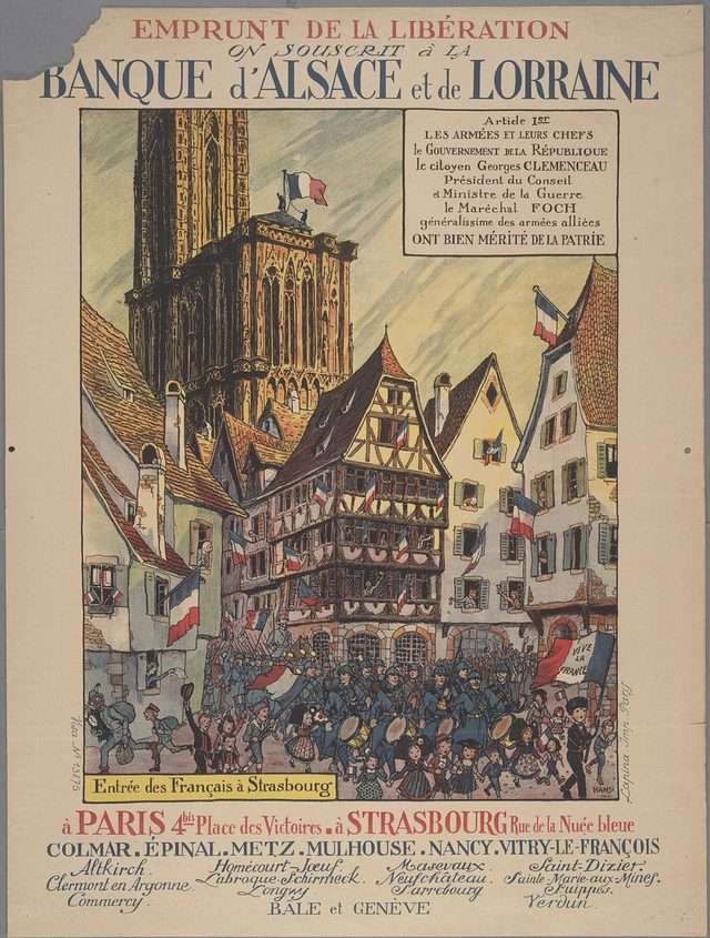 Emprunt de la Libération: on souscrit à la Banque d'Alsace et de Lorraine (Hansi, 1918)