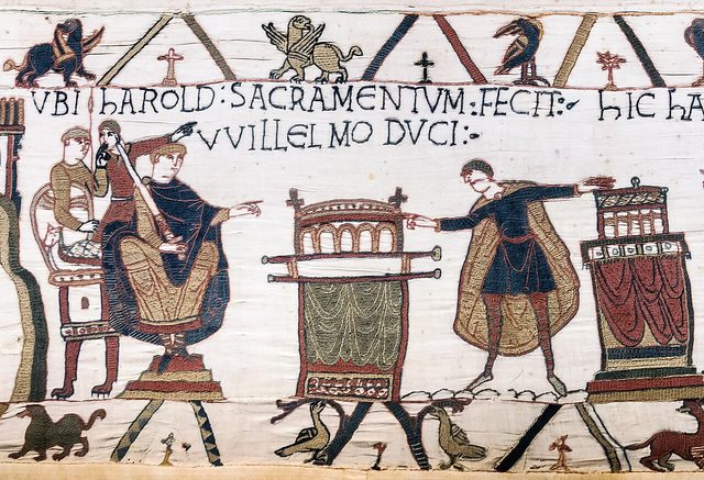 Bayeux Tapestry, scene 23: UBI HAROLD SACRAMENTVM FECIT VVILLELMO DVCI